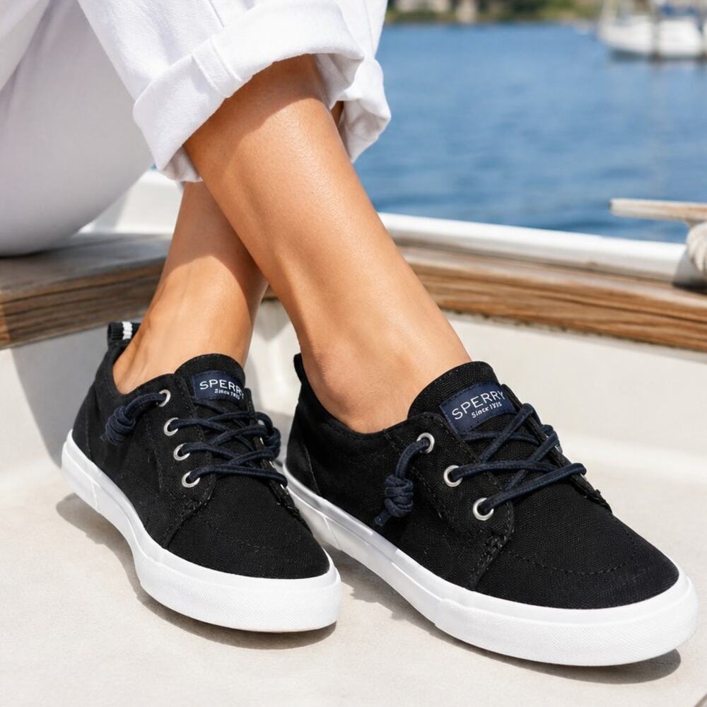 Sperry Top-Sider Black Canvas Lace-Up Boat Shoe Women's Size 8.5 White NWOT